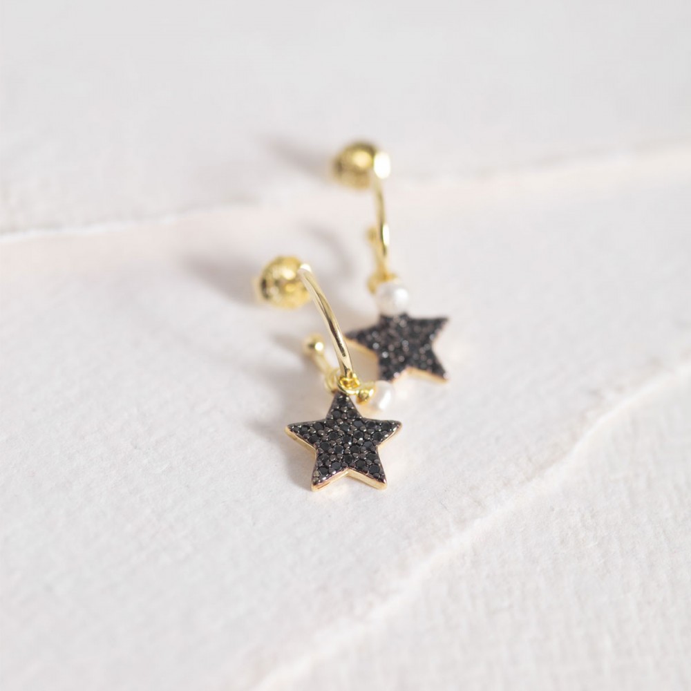 Bangles Estrella Oro - Pendiente argolla estrella circonitas negras perla